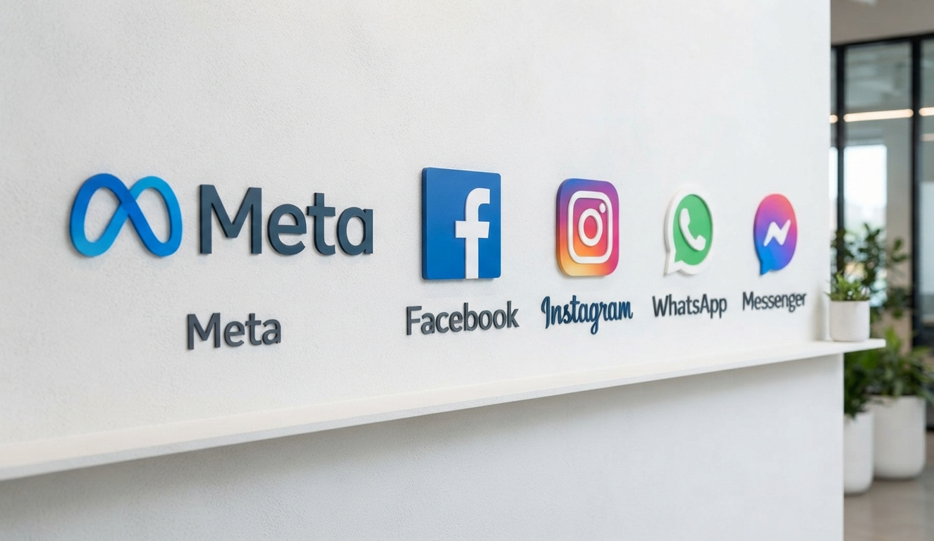 Logos das plataformas da Meta: Facebook, Instagram, WhatsApp