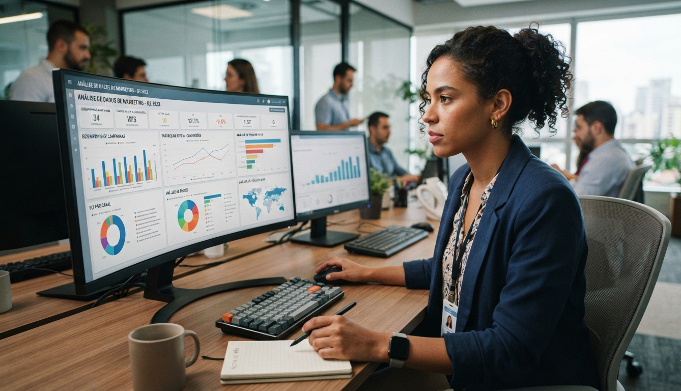 Profissional analisando dados e painéis de marketing