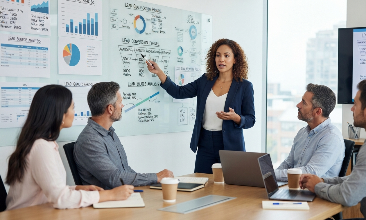 Reunião de estratégia de marketing e funil de leads